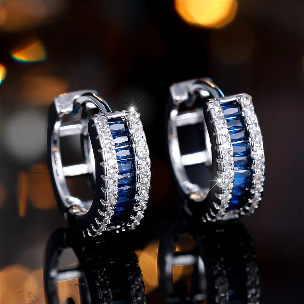 Cute Female White Blue Zircon Round Hoop Earring.