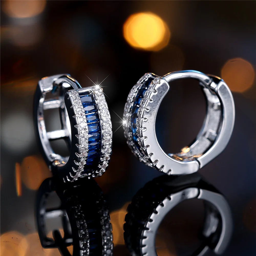 Cute Female White Blue Zircon Round Hoop Earring.