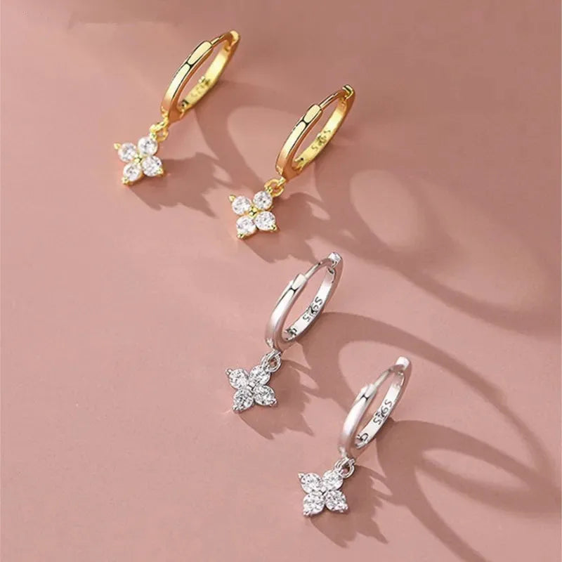 Silver Needle Zircon Four Leaf Hoop Earrings.