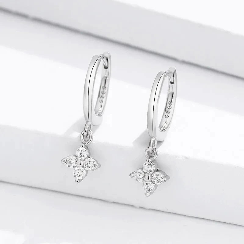 Silver Needle Zircon Four Leaf Hoop Earrings.